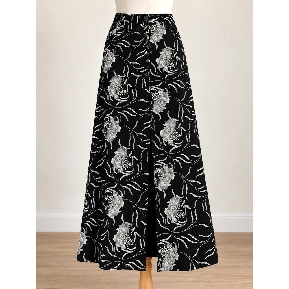 Vintage Sun Fire USA Floral Button Front Maxi Skirt Medium Center Slit Black